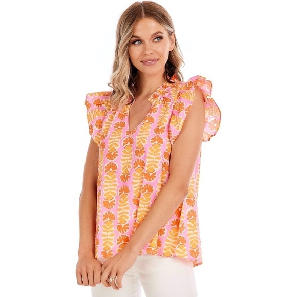 Mud Pie Becky Colorful Flutter Sleeve Cotton Poplin V-Neck Resort Style Top Sz M - Picture 1 of 12